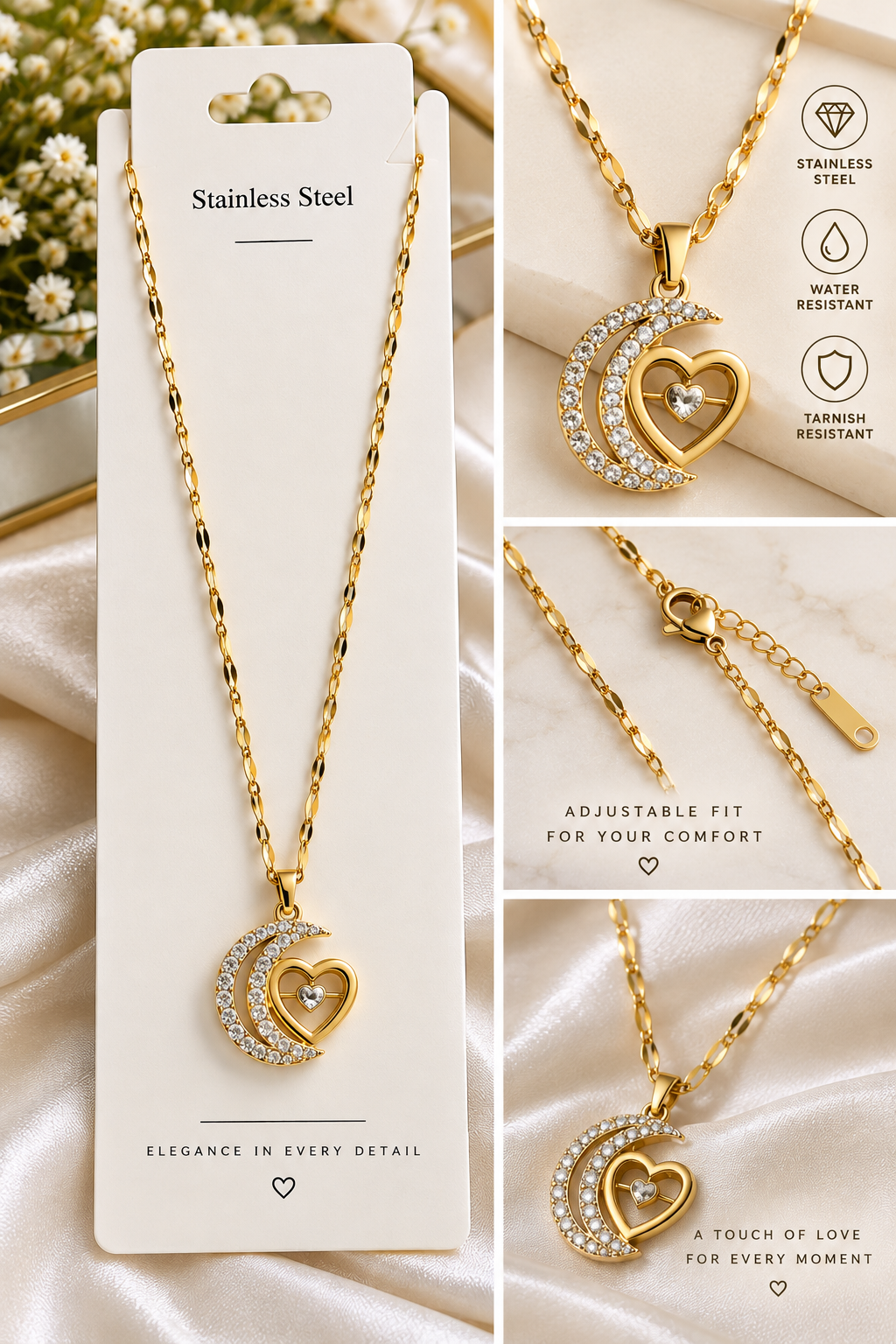 Elegant Gold-Tone Stainless Steel Heart Pendant Necklace