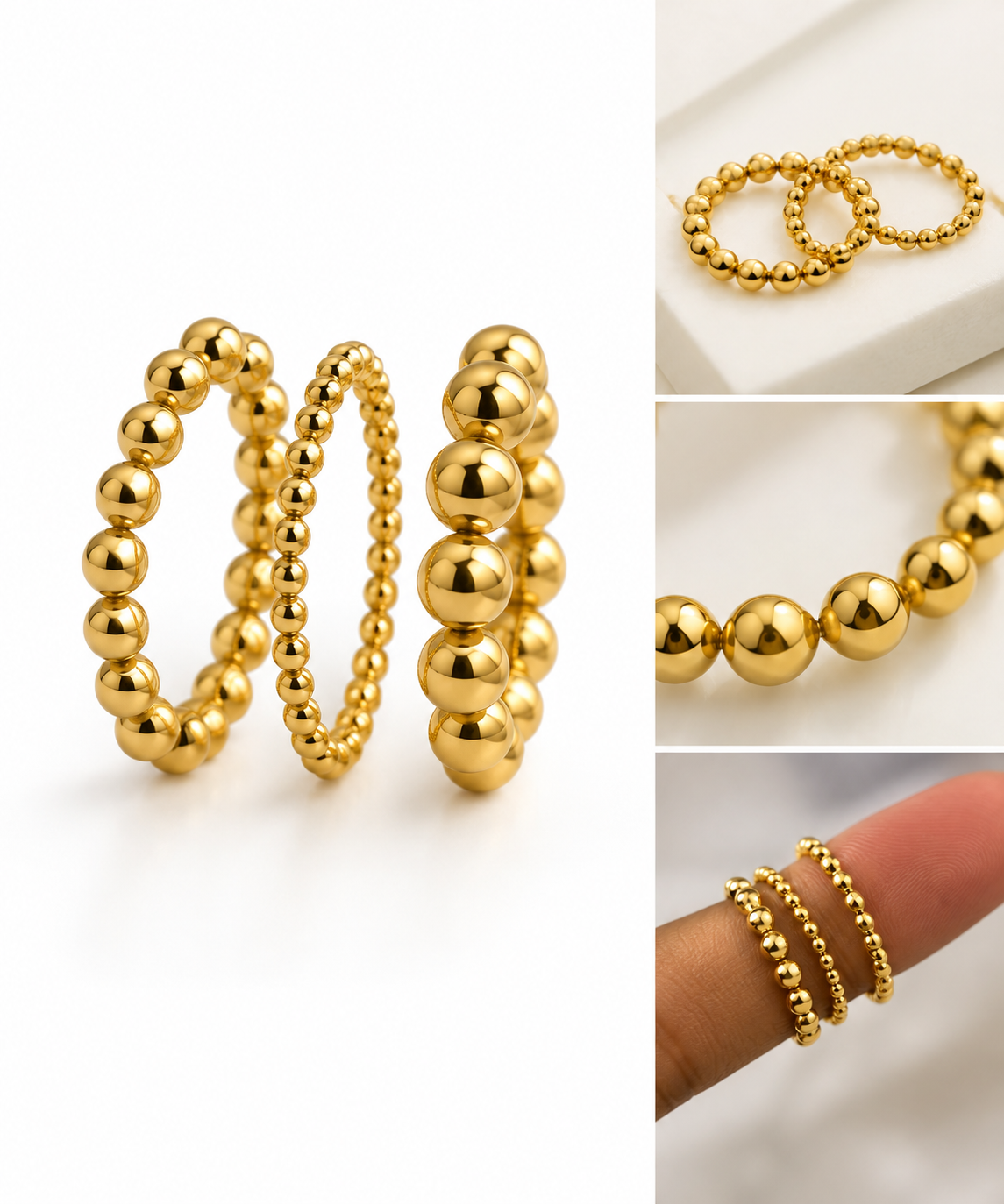 VENKE Elegant Gold-Tone Beaded Ring Set – 3 Pieces
