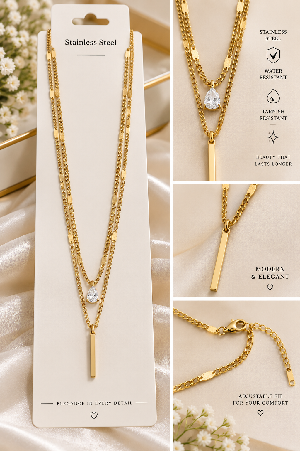 VENKE Elegant Gold-Tone Stainless Steel Layered Necklace