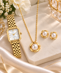 VENKE Elegant Gold-Tone Stainless Steel Watch & Pearl Jewelry Set