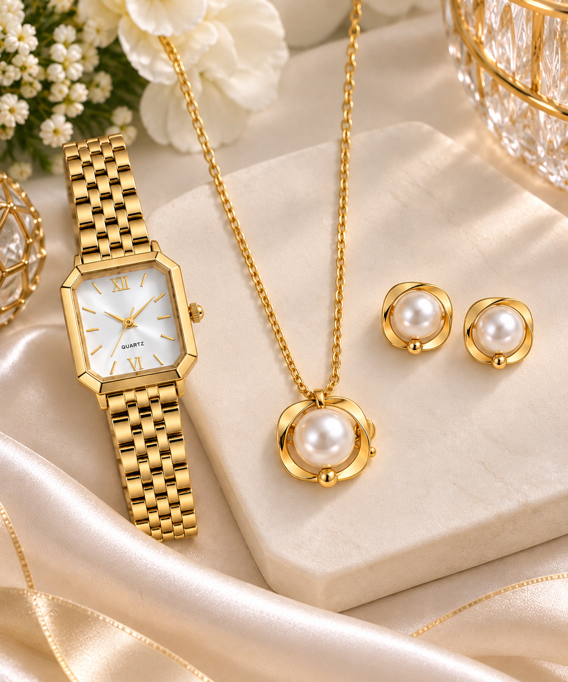 VENKE Elegant Gold-Tone Stainless Steel Watch & Pearl Jewelry Set
